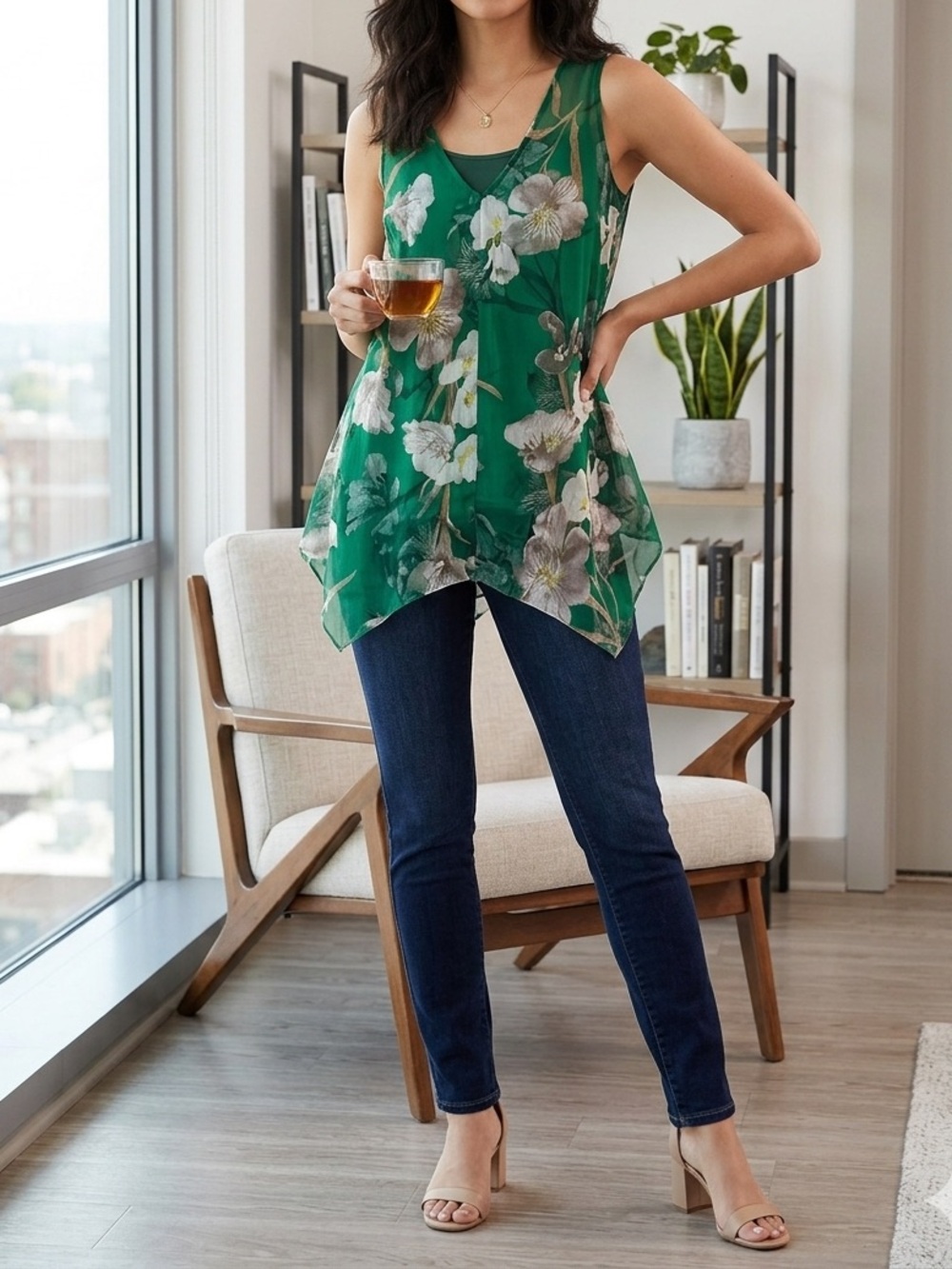 INC International Concepts Green Floral Asymmetric Hem Sleeveless Tank Top 🥰